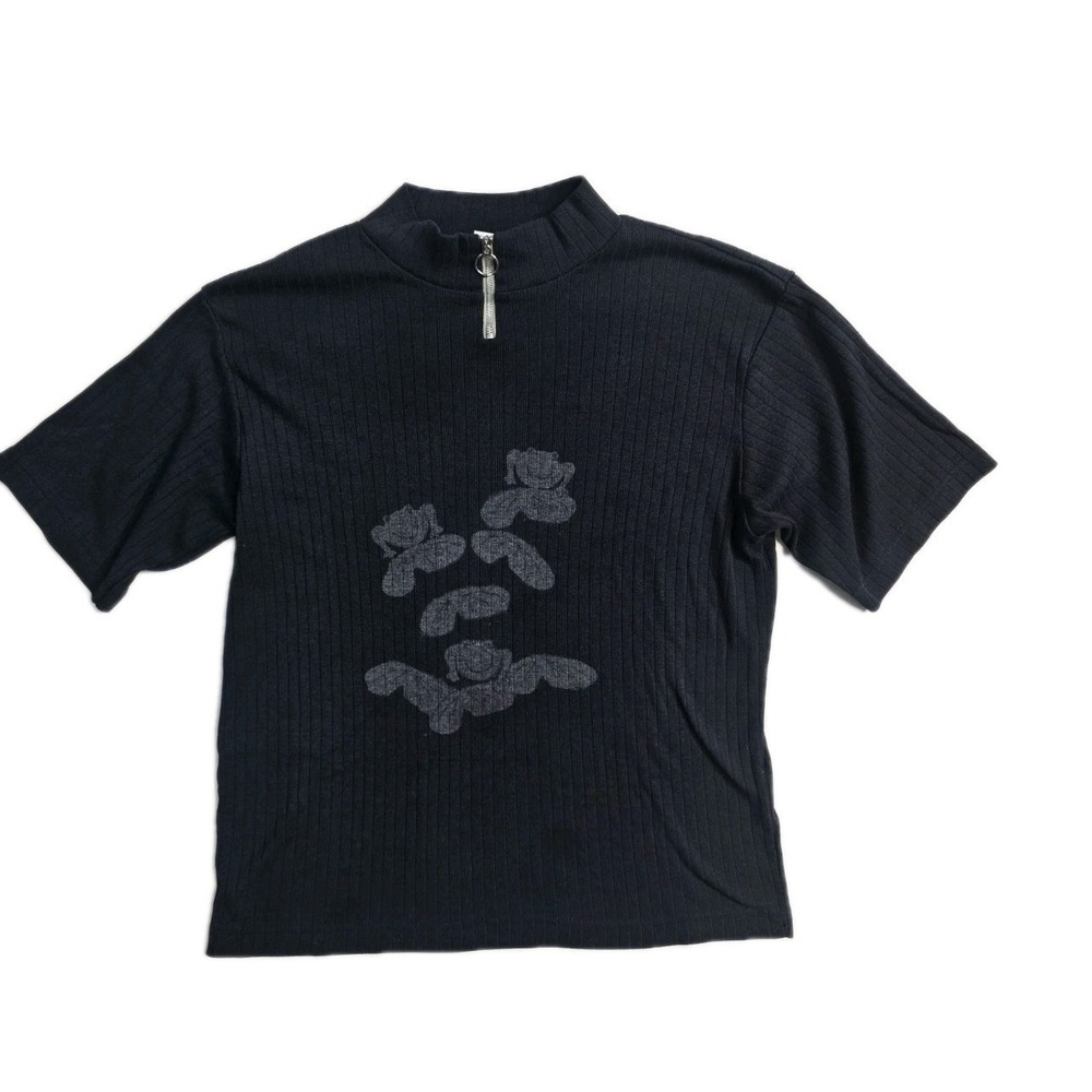 Vintage ‎ B.E. Women's Top Shirt  L Knit Ribbed Black Floral 90's Boho Retro